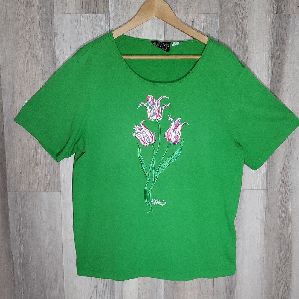 Bob Mackie Womens XL Vintage Floral Blouse Embroidered Short Sleeve Cotton